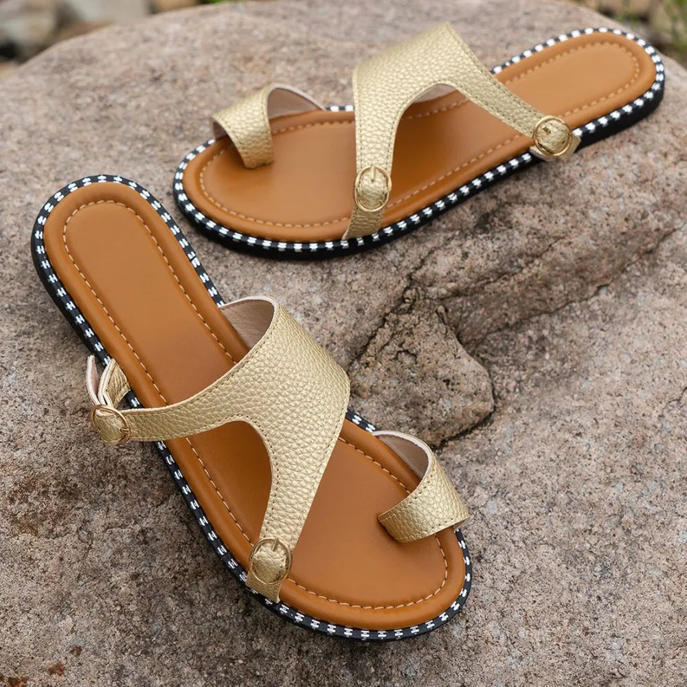 Women’s Toe Loop Flat Sandals Faux Leather Slip-On Summer Comfort Beach Shoes