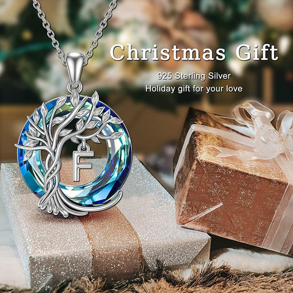 Initial Letter Tree of Life Blue Austrian Crystal Necklace Women's Jewellery