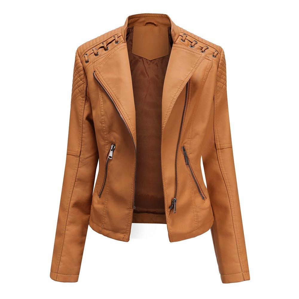 Women's Faux Leather Motorcycle Jacket Slim Fit Short Style Casual Lightweight Coat