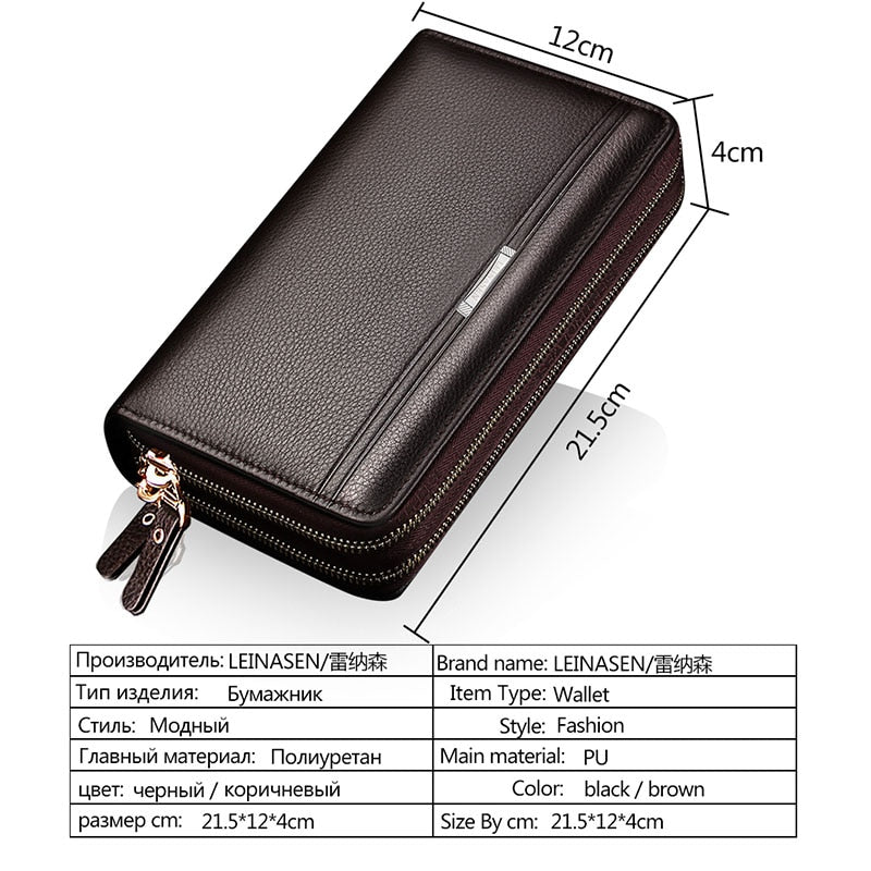 Men's Faux Leather Wallet High Capacity Slim Multiple Card Slots Secure Zip Closure