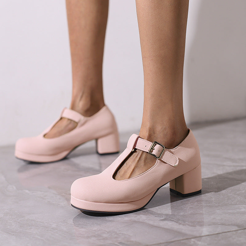Womens Block Heel Mary Jane Shoes T-Strap Platform Buckle Casual Size 34–40