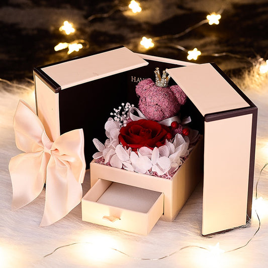 Eternal Rose Bear Double Door Flower Gift Box Luxurious Jewellery Keeper