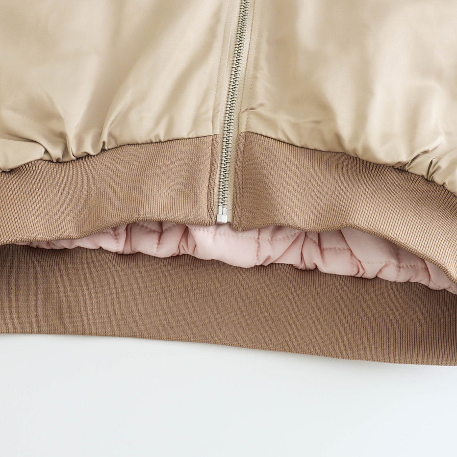 Women’s Short Silk Texture Jacket Khaki Zip Bomber Slim Fit Coat Casual