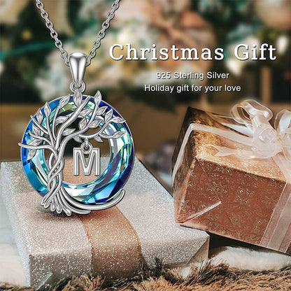 Initial Letter Tree of Life Blue Austrian Crystal Necklace Women's Jewellery