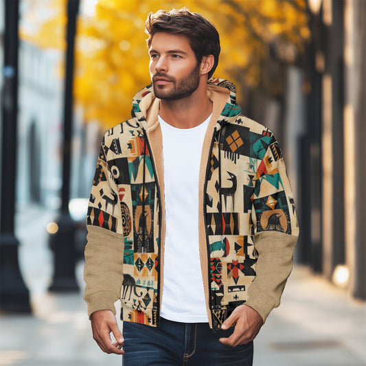 Men’s Winter Jacket Plaid Print Fleece Lined Cotton Padded Zip Hoodie Coat