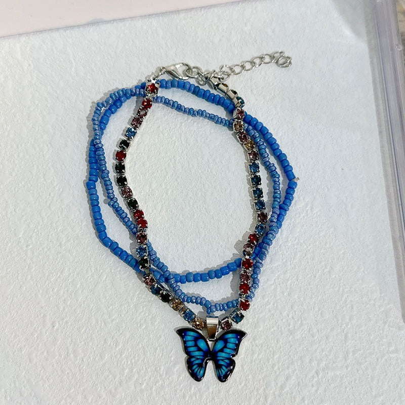 Multi-Layer Handmade Beaded Butterfly Dangle Floral Anklet Crystal Jewellery