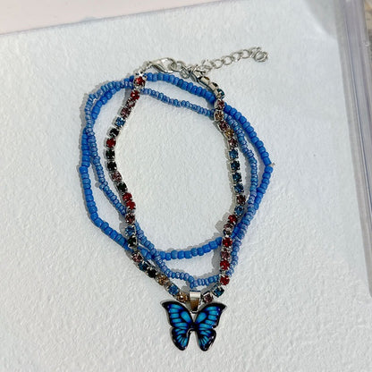 Multi-Layer Handmade Beaded Butterfly Dangle Floral Anklet Crystal Jewellery