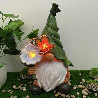 Solar Powered Garden Gnome Lamp, Resin Outdoor Decor with Flower and Butterfly