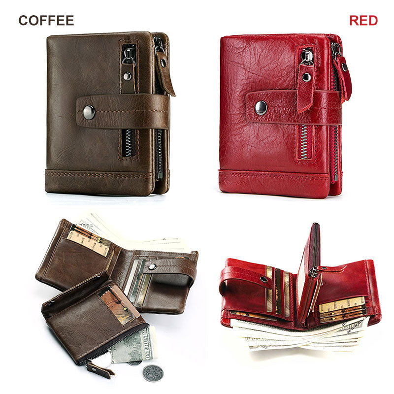 Men's Leather Wallet Multi-Card Zipper Buckle Cowhide Coin Purse Compact Design