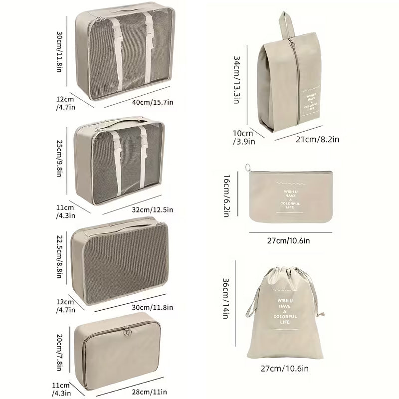 7 Piece Packing Cube Set Travel Organiser Mesh Front Double Zip Shoe Pouch Grey