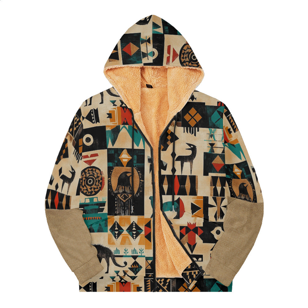 Men’s Winter Jacket Plaid Print Fleece Lined Cotton Padded Zip Hoodie Coat