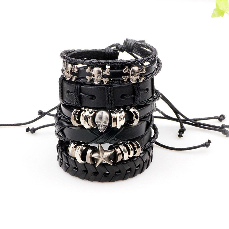6 Pack Genuine Leather Black Bracelet Skull Starfish Set Men Women