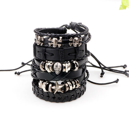 6 Pack Genuine Leather Black Bracelet Skull Starfish Set Men Women