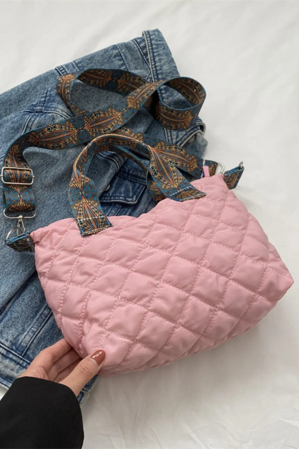 Bubble Quilted Handbag Printed Strap Oxford Cloth Casual Shoulder Bag 34.5cm