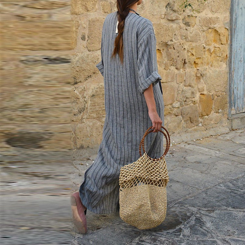 Women's Cotton Linen Blend Striped Maxi Dress Loose Fit Long Sleeve Casual Style