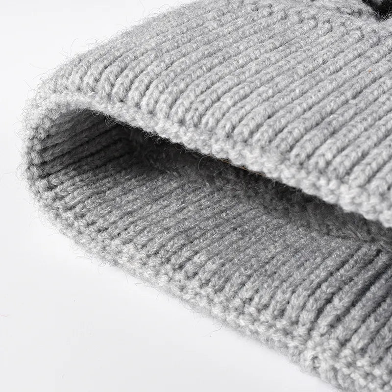 Striped Knit Beanie Hat Winter Warmth Faux Rabbit Fur Pom-Pom Stylish Comfort