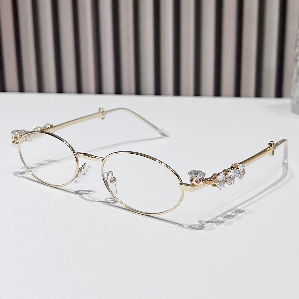 Women's Oval Frame Anti-Blue Light Glasses with Metal Inlay and Rhinestone Detail