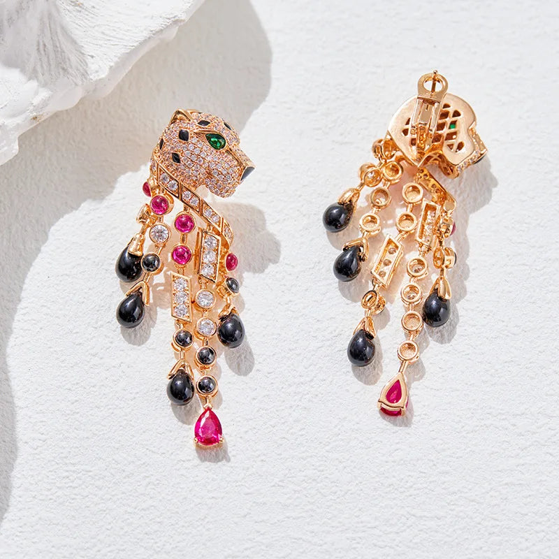 Leopard Spot Gold Plated Copper Earrings Cubic Zirconia Crystal Embellishment