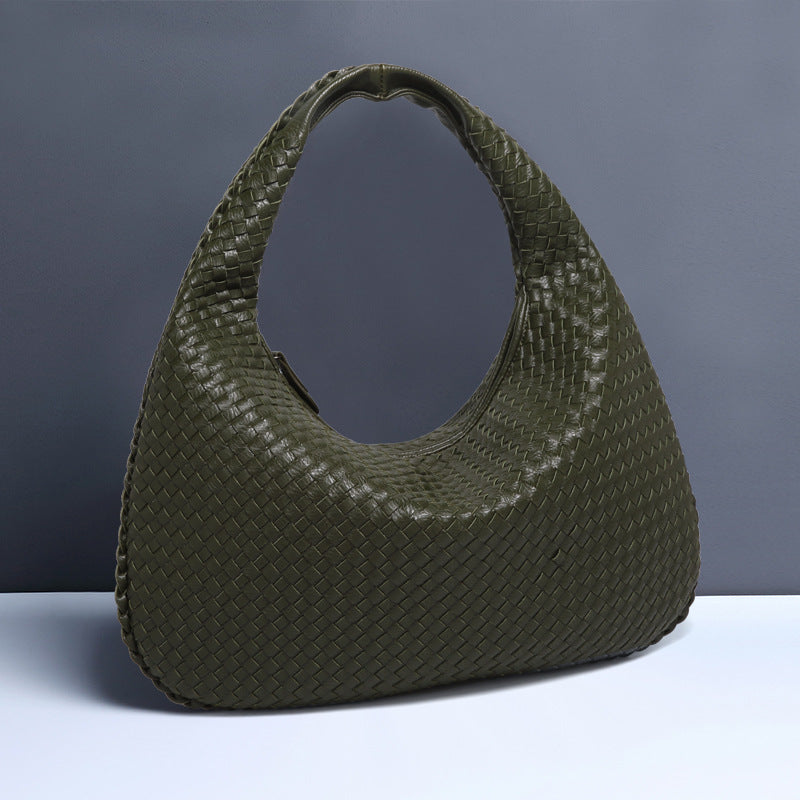 Large Women's Crescent Woven Handbag Zip Closure Daily Use Bag