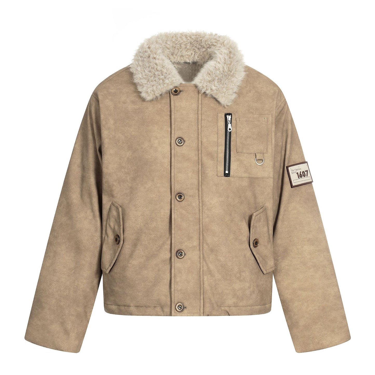 Embroidered Badge Faux Fur Collar PU Leather Short Aviator Flight Bomber Jacket