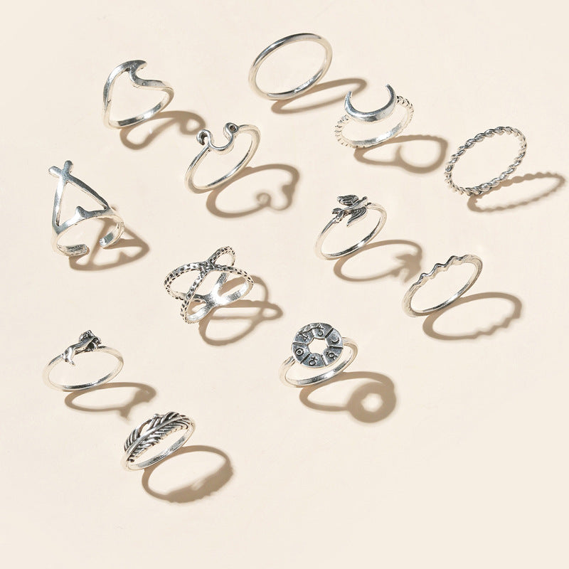 12pc Midi Ring Set Silver Vintage Design Moon Feather Rings Jewellery