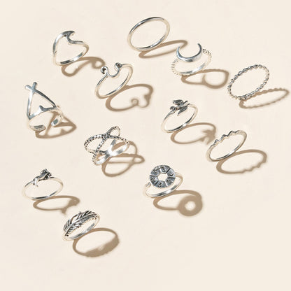 12pc Silver Midi Ring Set Vintage Moon Feather Fashion Jewellery Accessories