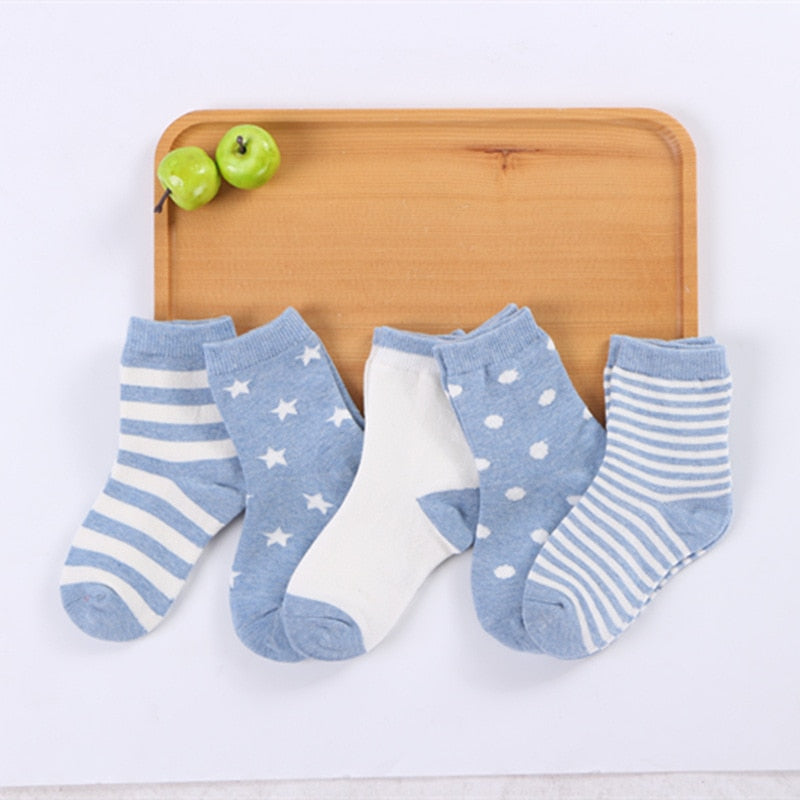 Kids Autumn Winter Cotton Socks 5 Pack Striped Cartoon Soft Warm Cosy Selection
