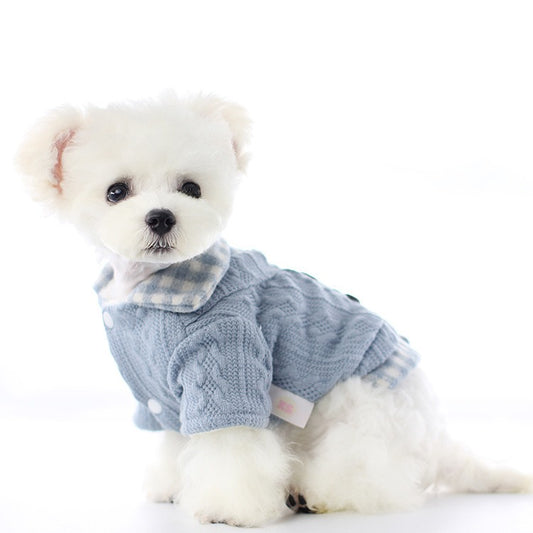 Pet Dog Classic Knitwear Gingham Collar Stylish Warm Jumper Plaid Winter