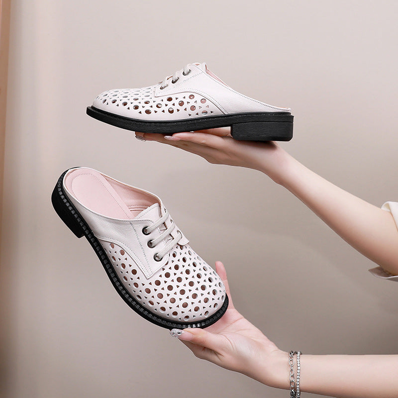 Women’s Leather Hollow-Out Sandals Flat Round Toe Slip-On Mule Shoes Summer