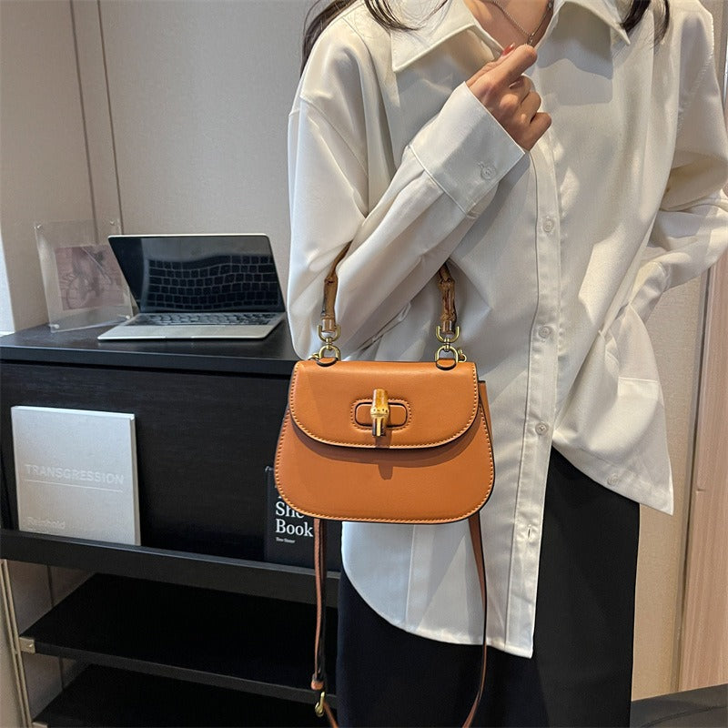 Bamboo Handle Women's Shoulder Handbag Retro Saddle Bag Green Pink