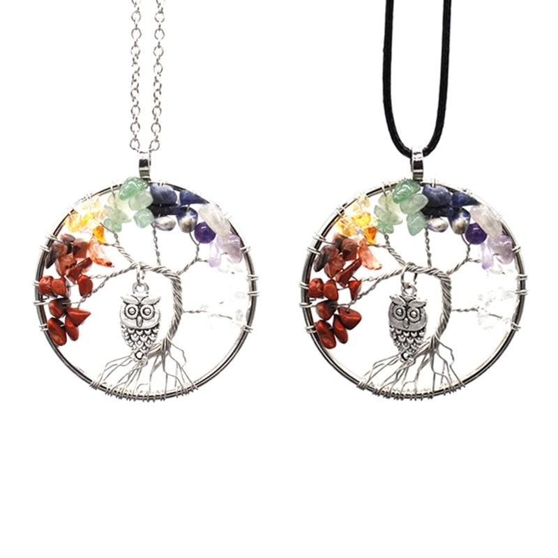 5CM Tree of Life Crystal Natural Stone Owl Dangle Pendant Necklace Gift Jewellery