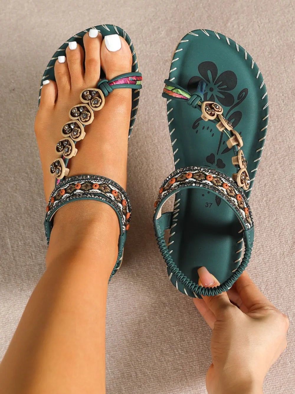 Women's Ethnic Beaded Flat Sandals Summer Beach Shoes Slip-On TPR Sole Sizes
