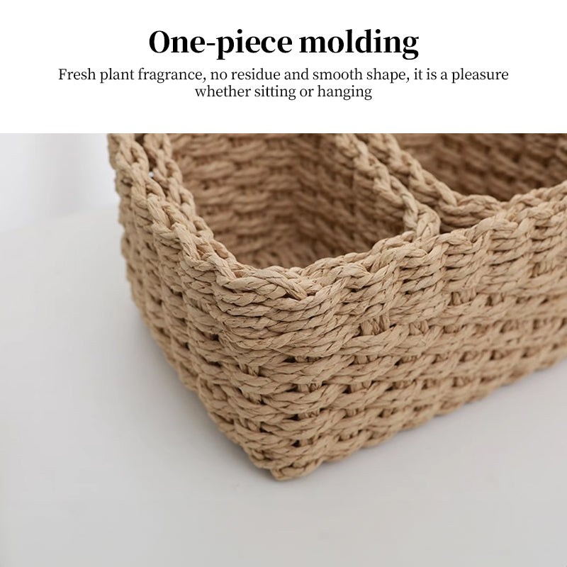 3 Piece Straw Woven Paper Rope Storage Baskets Rectangular Two Compartment Set