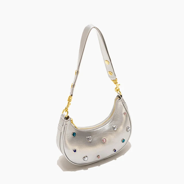 Luxury Women's Half Moon Jewelled Shoulder Bag Leather Crossbody Tote