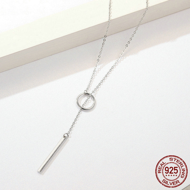 S925 Sterling Silver Round Bar Pendant Necklace Elegant 80cm Chain Jewellery