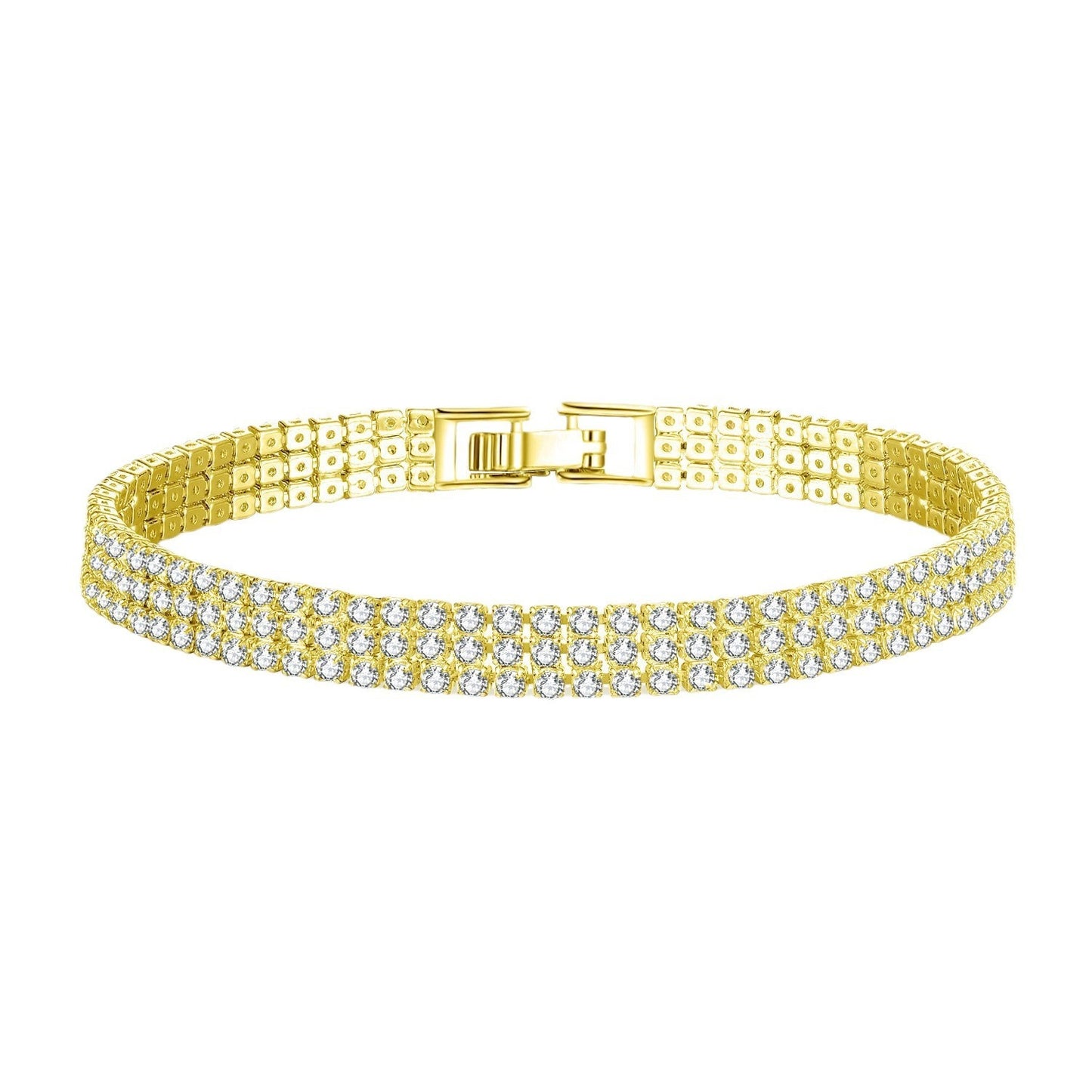 Gold Plated Copper Bracelet Triple Row CZ Crystals 18cm Luxurious Elegant Style