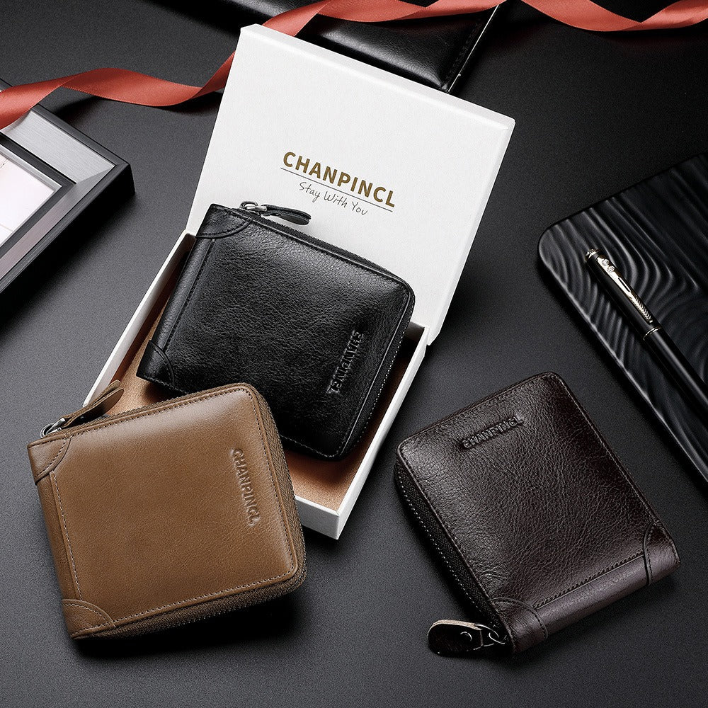 Men's Genuine Leather Zip Wallet Multi-Function Horizontal Style RFID Blocking