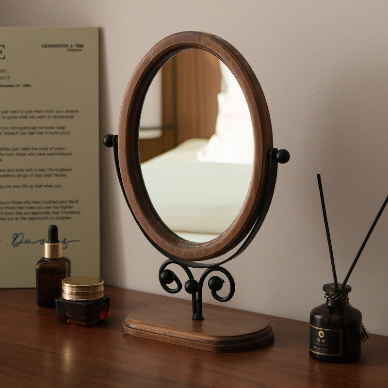 Vintage Solid Wood Bedroom Tabletop Dressing Mirror Upright Rotatable Design
