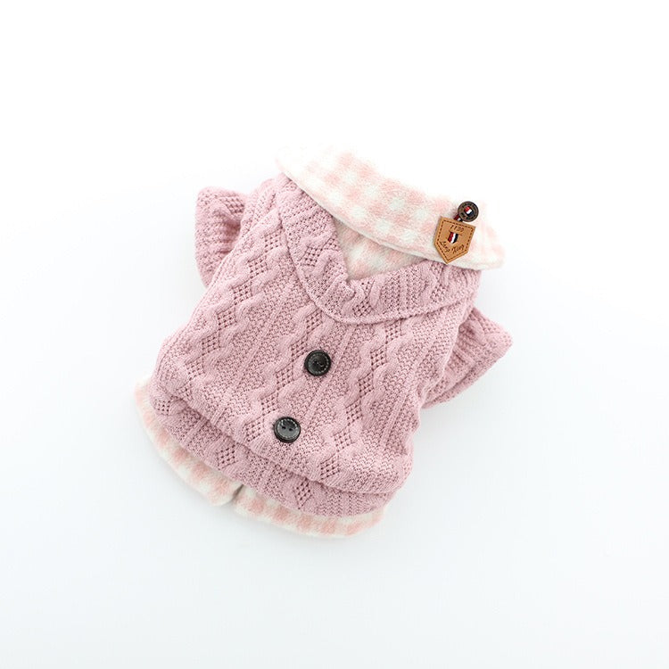 Pet Dog Classic Knitwear Gingham Collar Stylish Warm Jumper Plaid Winter
