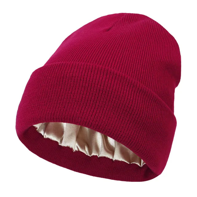 Satin Lined Beanie Hat for Women & Men, Warm Winter Cap, Silk-Lined Knit