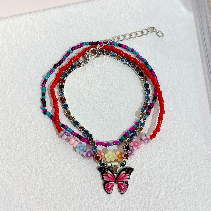 Multi-Layer Handmade Beaded Butterfly Dangle Floral Anklet Crystal Jewellery