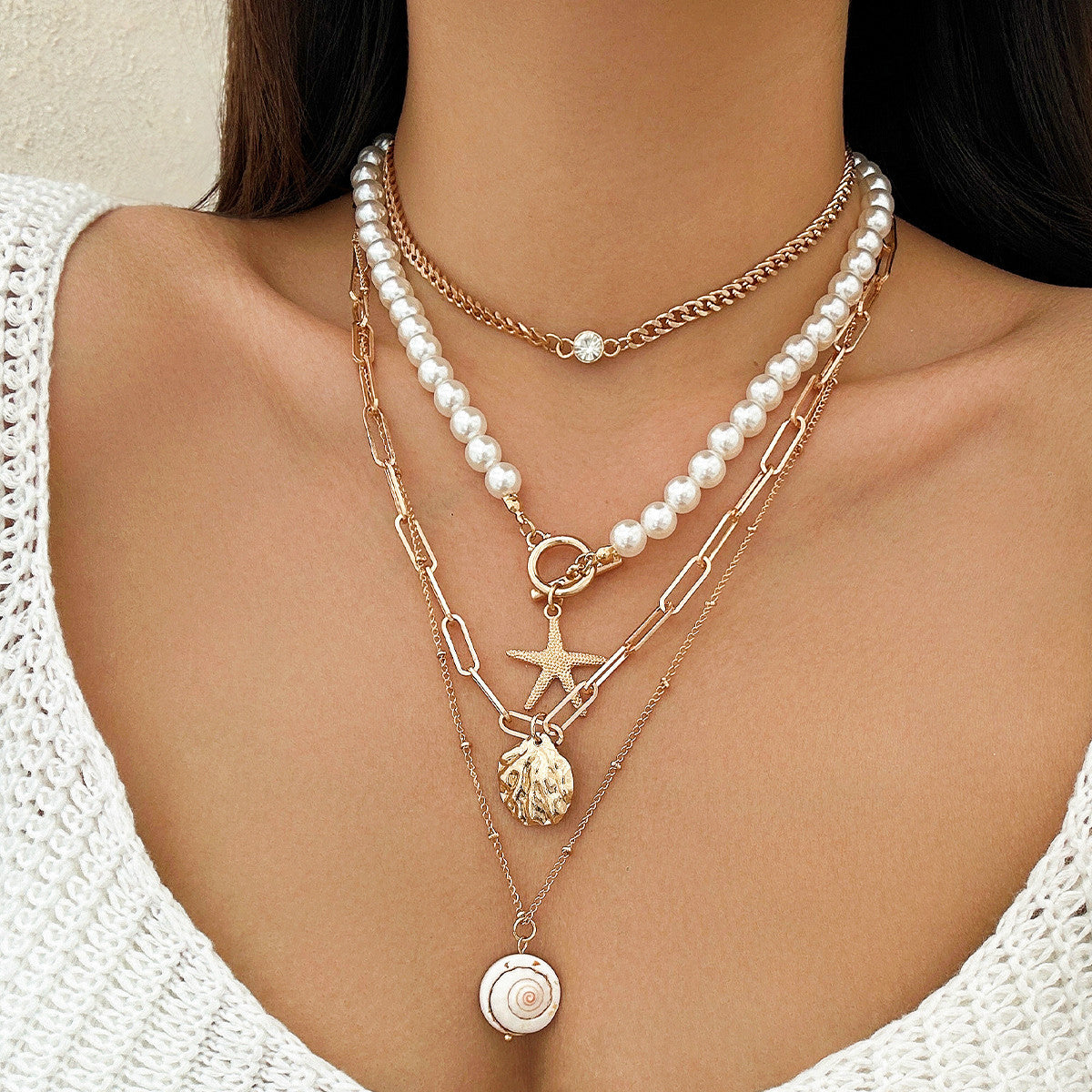 Beach Theme Beaded Necklace Layered Pearl Starfish Shell Jewellery