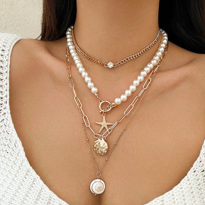 Beach Theme Beaded Necklace Layered Pearl Starfish Shell Jewellery