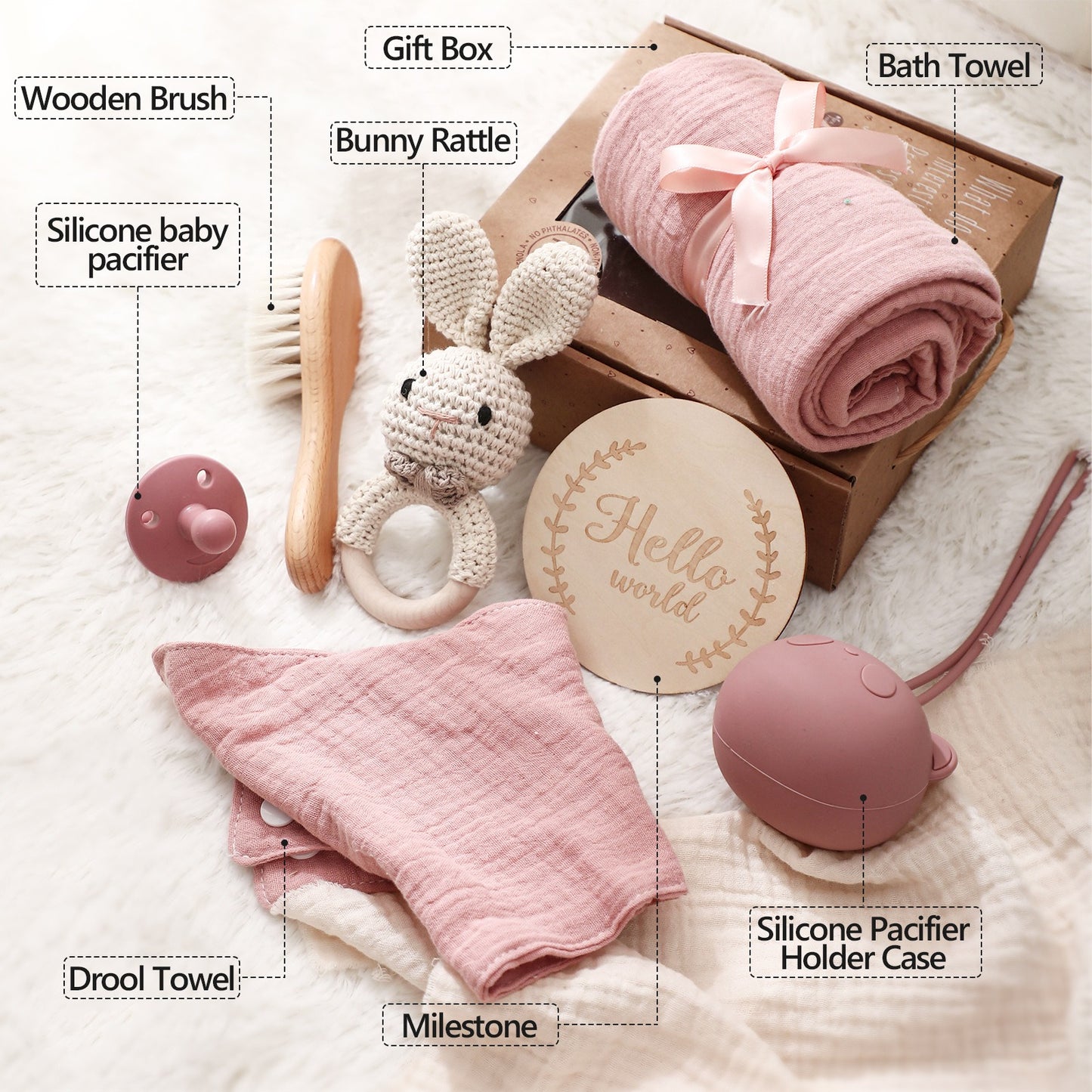 Eco Bamboo Newborn Baby Gift Box Set Bath Towel Wooden Brush Bunny Rattle Pacifier