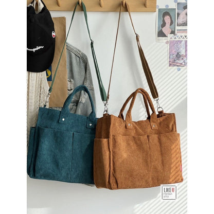 Womens Autumn Winter Corduroy Shoulder Tote Multi-Pocket Durable Spacious Bag