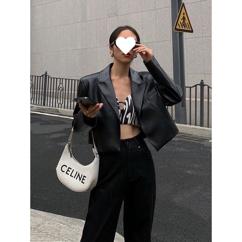 Women's Black Cropped Leather Jacket Long Sleeve Urban Style Fashion Trend