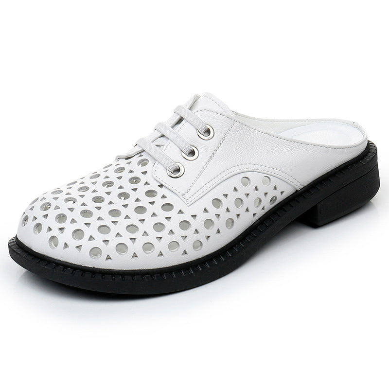 Women’s Leather Hollow-Out Sandals Flat Round Toe Slip-On Mule Shoes Summer