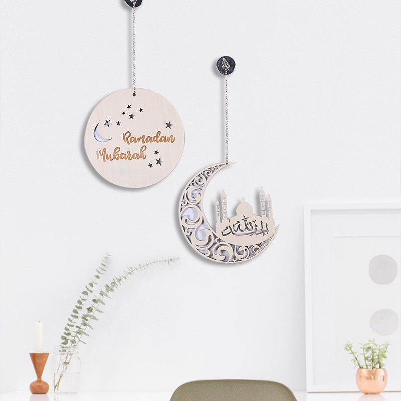 Ramadan Wooden Moon Circle Wall Hanging Mosque Ornament Mubarak Sign Living Room