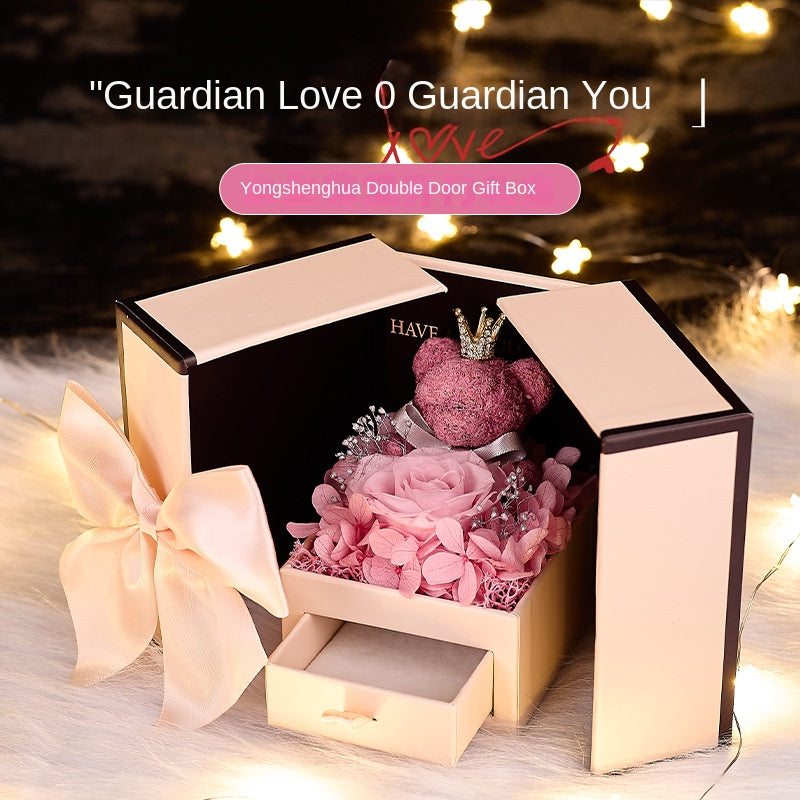 Eternal Rose Bear Double Door Flower Gift Box Luxurious Jewellery Keeper