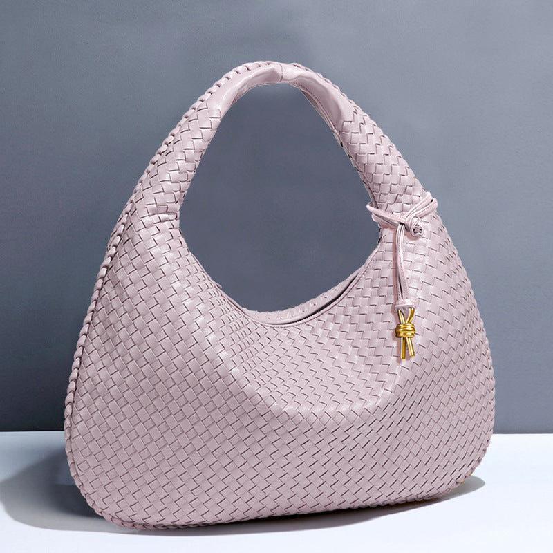 Large Women's Crescent Woven Handbag Zip Closure Daily Use Bag